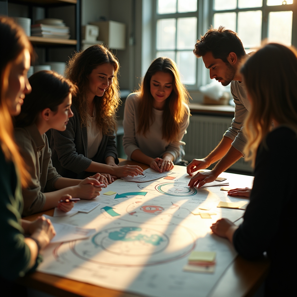 Grupo de emprendedores trabajando sobre un mapa de flujo de materiales en un taller de economía circular
